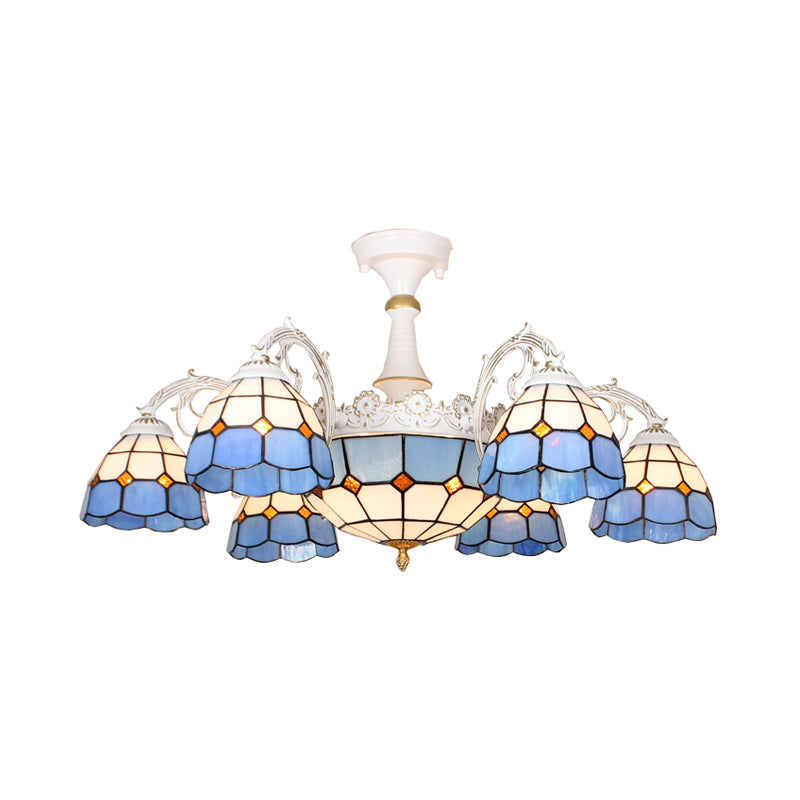 Plafonnier baroque semi-encastré - 9 lumières en verre taillé à motifs quadrillés bleu/orange/bleu clair
