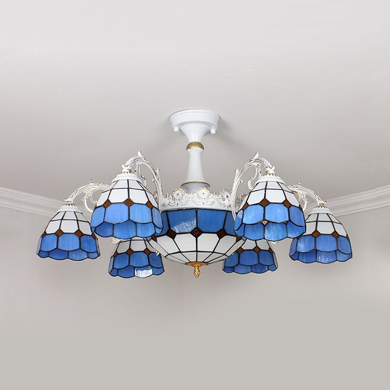 Plafonnier baroque semi-encastré - 9 lumières en verre taillé à motifs quadrillés bleu/orange/bleu clair