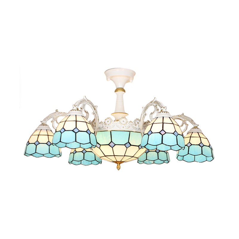 Plafonnier baroque semi-encastré - 9 lumières en verre taillé à motifs quadrillés bleu/orange/bleu clair