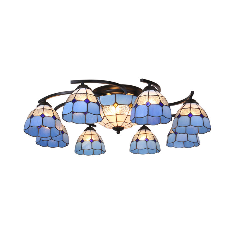 Plafonnier méditerranéen semi-encastré en forme de dôme/conique - 11 lumières, verre blanc/bleu - Idéal pour le salon