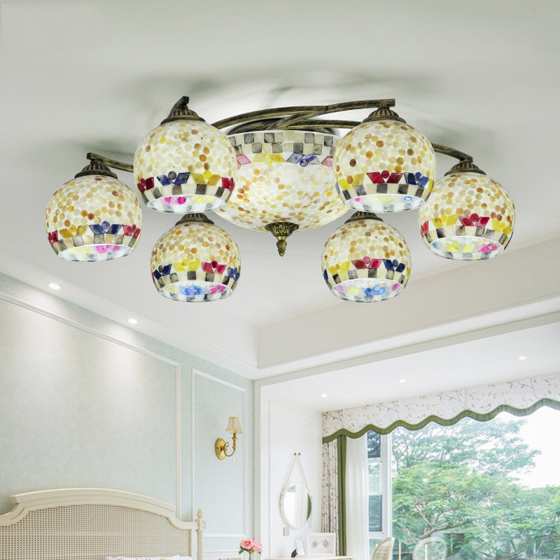 Shell Globe Semi Flush Ceiling Light - Mediterranean Style, White/Colorful Lighting Fixture for Living Room (3/9/11 Lights)