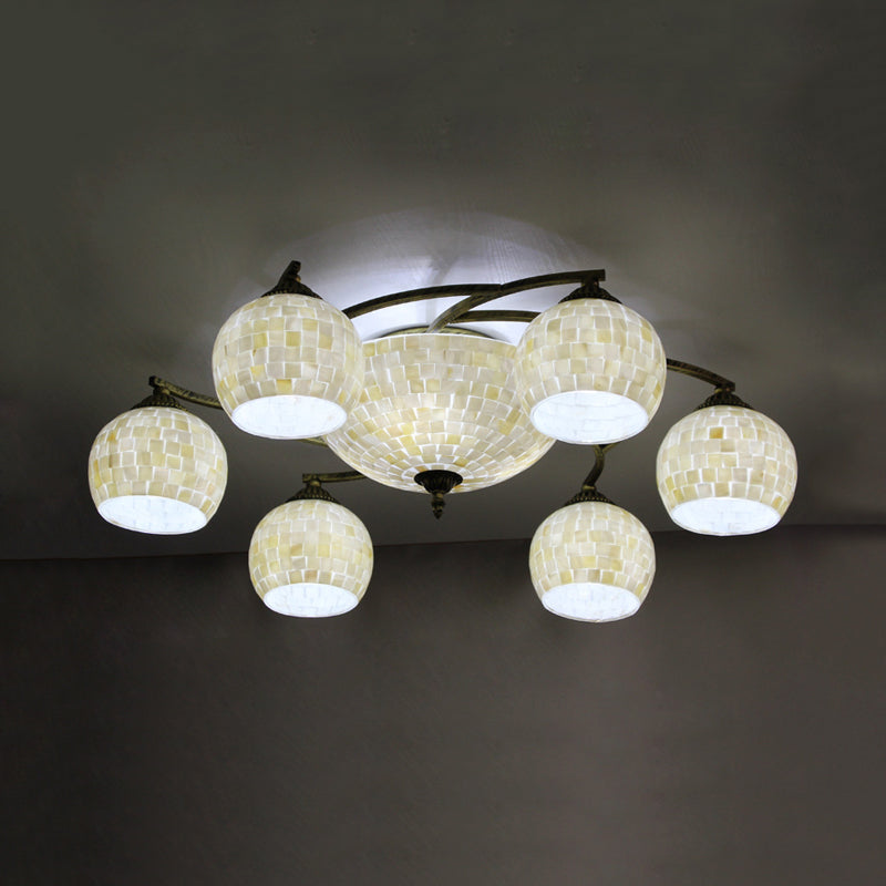 Shell Globe Semi Flush Ceiling Light - Mediterranean Style, White/Colorful Lighting Fixture for Living Room (3/9/11 Lights)