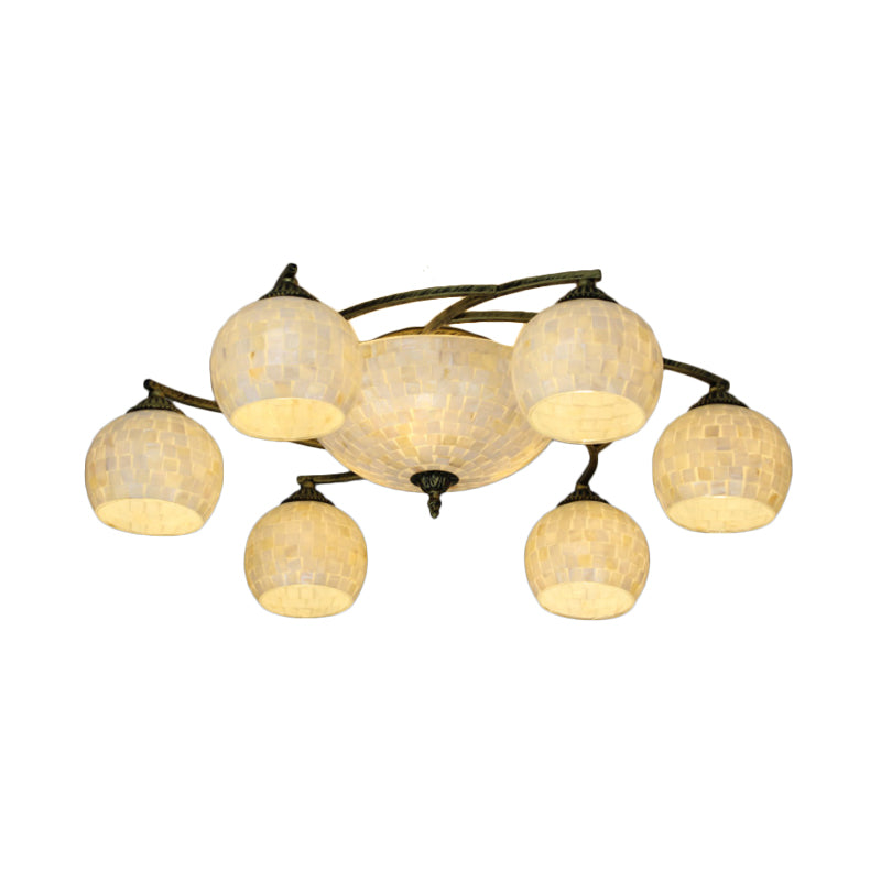 Shell Globe Semi Flush Ceiling Light - Mediterranean Style, White/Colorful Lighting Fixture for Living Room (3/9/11 Lights)