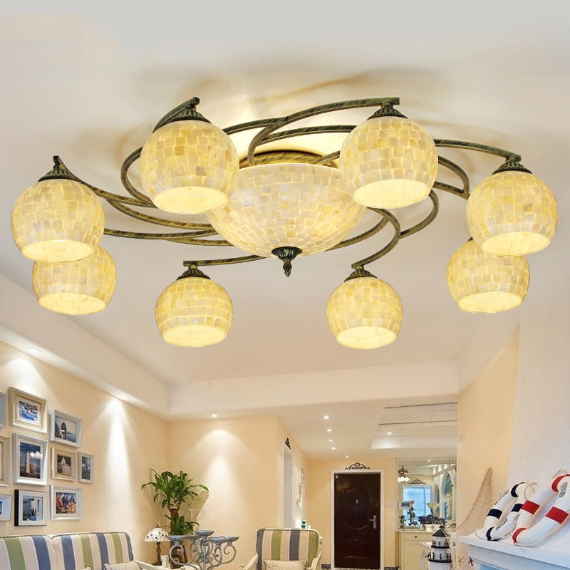 Shell Globe Semi Flush Ceiling Light - Mediterranean Style, White/Colorful Lighting Fixture for Living Room (3/9/11 Lights)