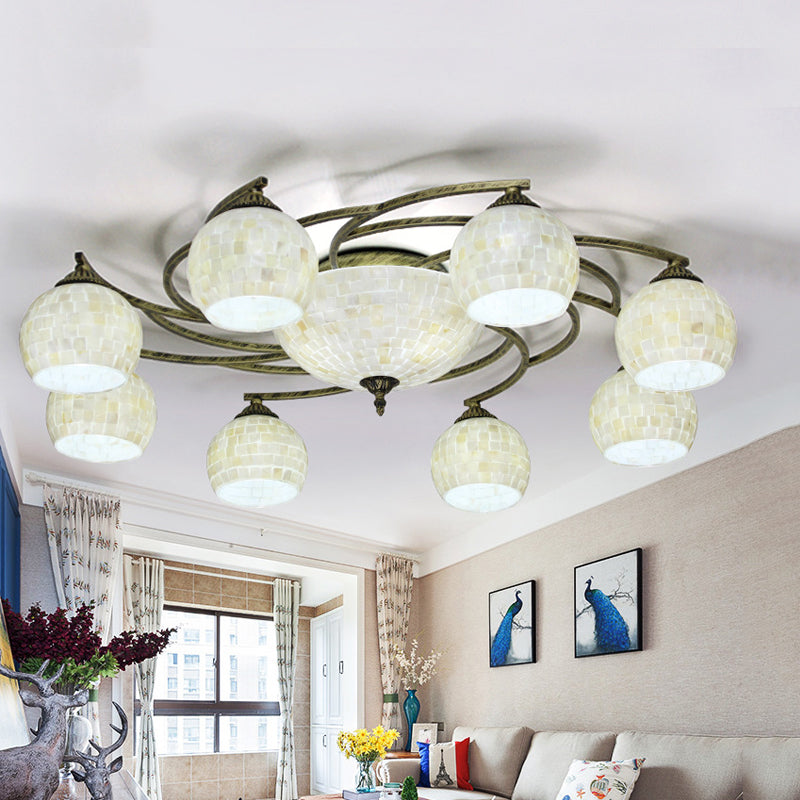 Shell Globe Semi Flush Ceiling Light - Mediterranean Style, White/Colorful Lighting Fixture for Living Room (3/9/11 Lights)