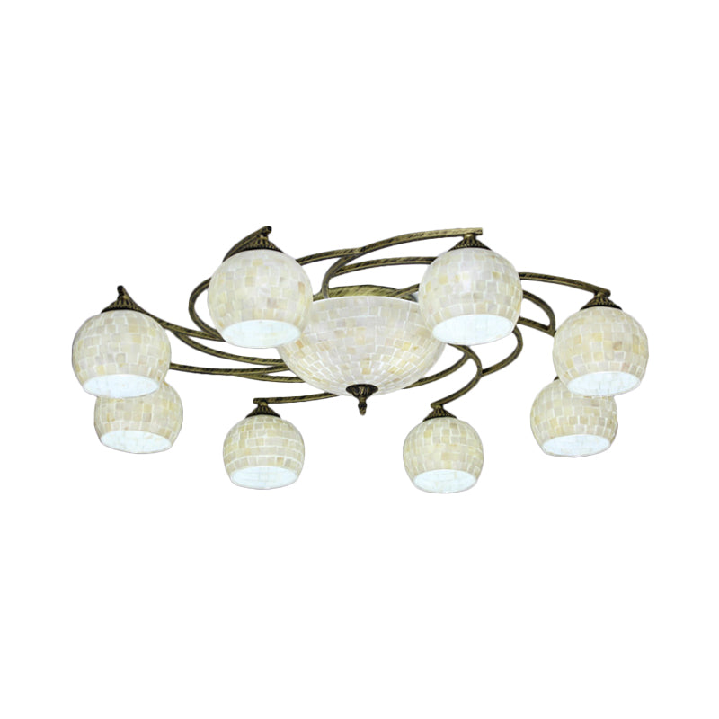Shell Globe Semi Flush Ceiling Light - Mediterranean Style, White/Colorful Lighting Fixture for Living Room (3/9/11 Lights)