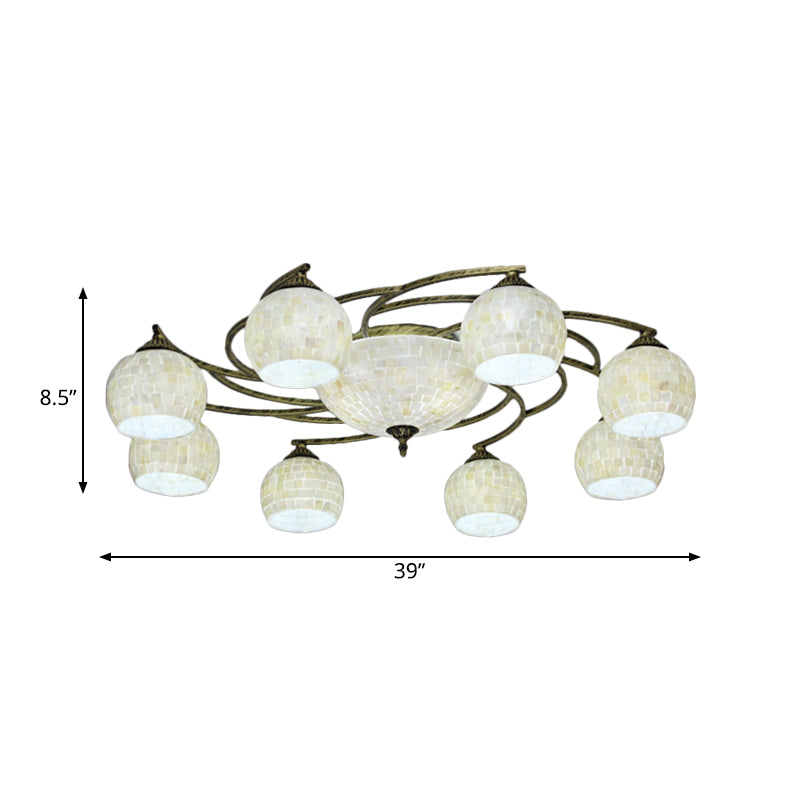 Shell Globe Semi Flush Ceiling Light - Mediterranean Style, White/Colorful Lighting Fixture for Living Room (3/9/11 Lights)