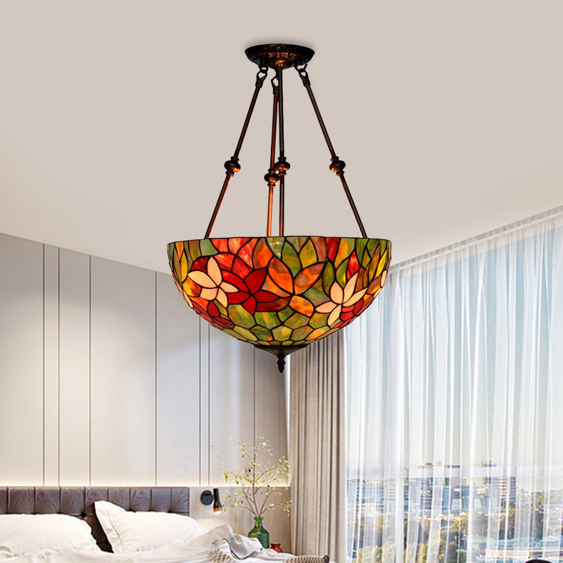Victorian Stained Glass Ceiling Light with 3 Blossom Semi-Flush Mount Lights in Red/Orange/Green for Kitchen
