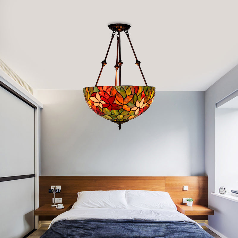 Victorian Stained Glass Ceiling Light with 3 Blossom Semi-Flush Mount Lights in Red/Orange/Green for Kitchen