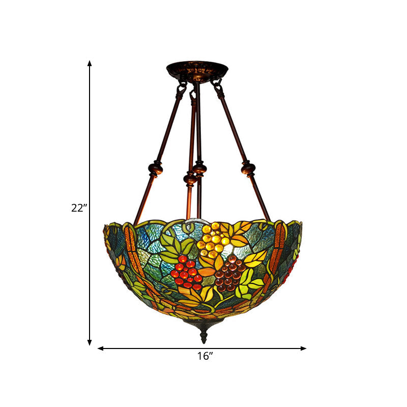 Victorian Stained Glass Ceiling Light with 3 Blossom Semi-Flush Mount Lights in Red/Orange/Green for Kitchen