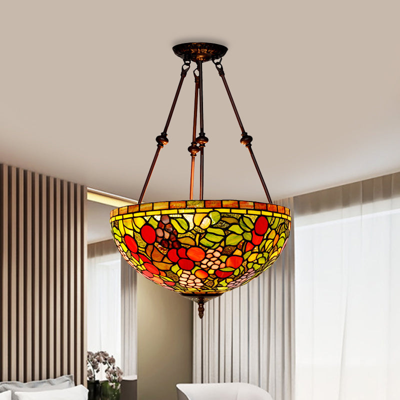 Plafonnier en bronze victorien avec abat-jour en forme de dôme en verre teinté - Semi-encastré à 2 lampes pour salon