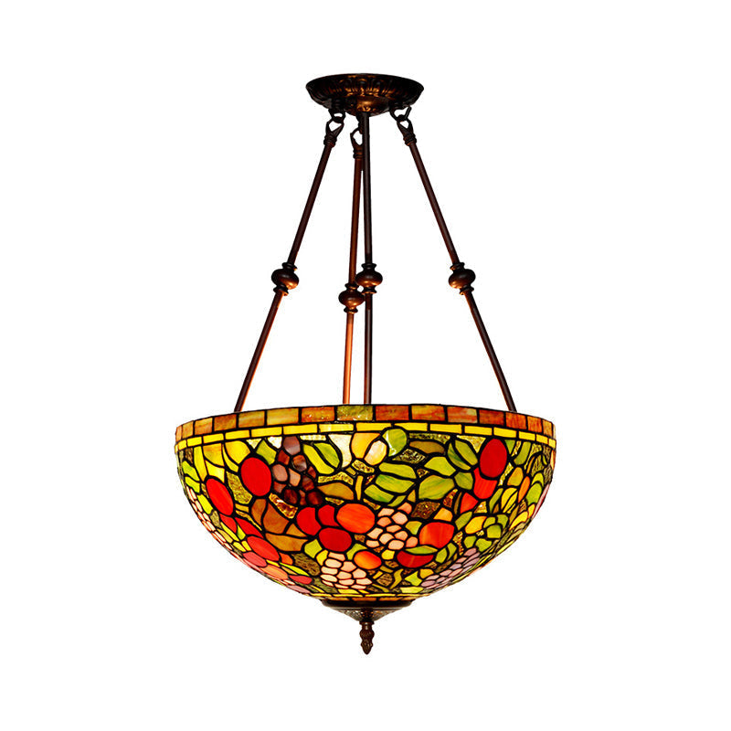 Plafonnier en bronze victorien avec abat-jour en forme de dôme en verre teinté - Semi-encastré à 2 lampes pour salon