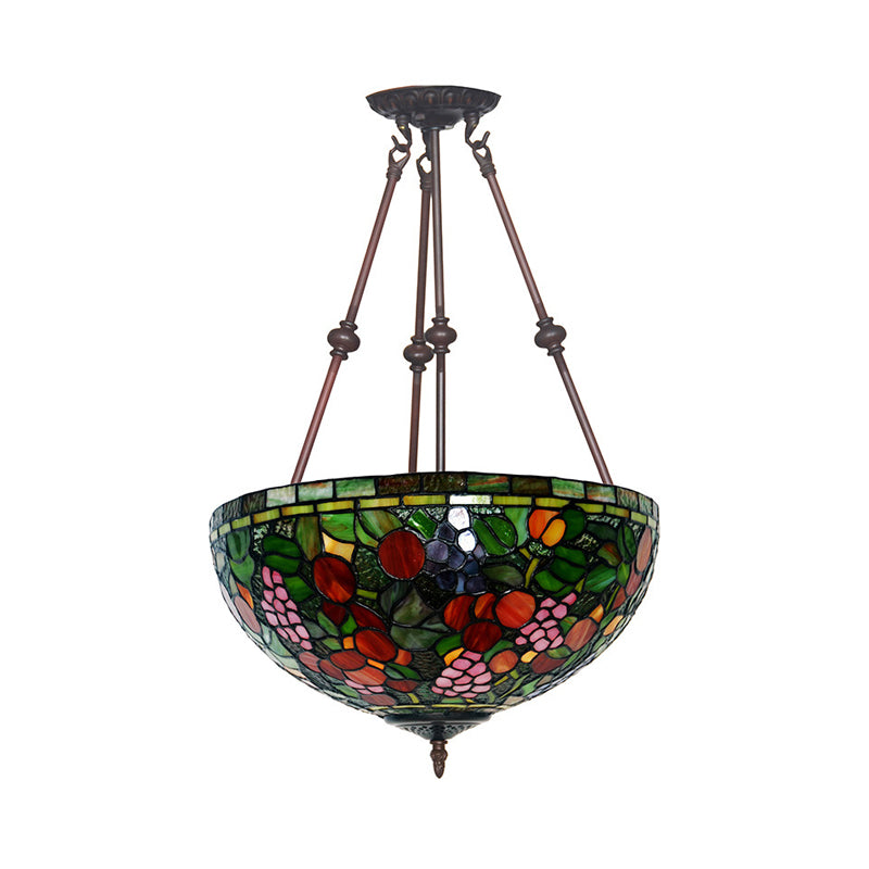 Plafonnier en bronze victorien avec abat-jour en forme de dôme en verre teinté - Semi-encastré à 2 lampes pour salon
