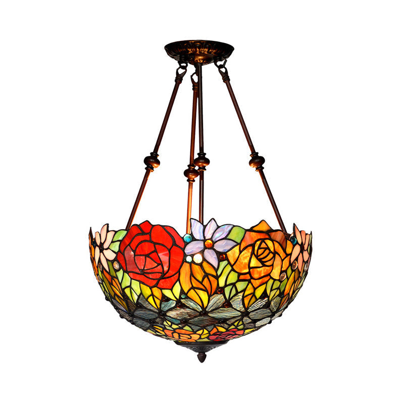 Plafonnier en bronze victorien avec abat-jour en forme de dôme en verre teinté - Semi-encastré à 2 lampes pour salon