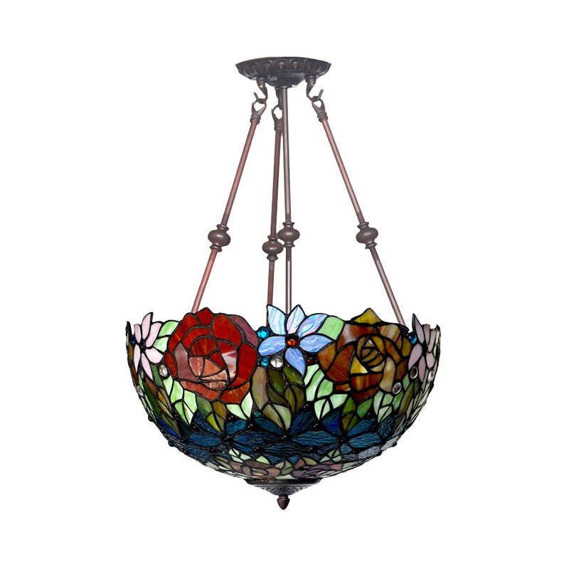 Plafonnier en bronze victorien avec abat-jour en forme de dôme en verre teinté - Semi-encastré à 2 lampes pour salon