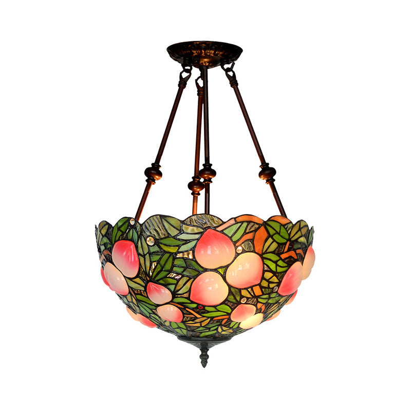 Plafonnier en bronze victorien avec abat-jour en forme de dôme en verre teinté - Semi-encastré à 2 lampes pour salon