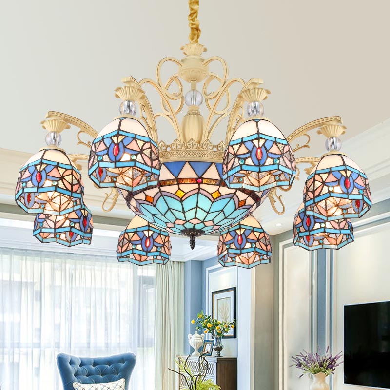 Lustre victorien bleu avec abat-jour en verre taillé - 6/9/11 lumières - Suspension moderne pour salon