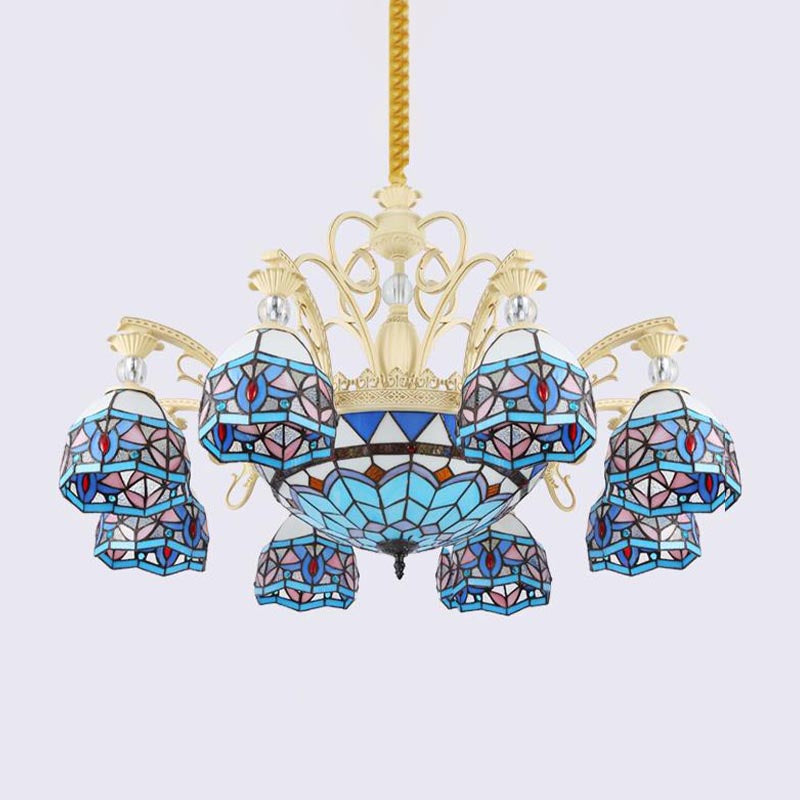 Lustre victorien bleu avec abat-jour en verre taillé - 6/9/11 lumières - Suspension moderne pour salon