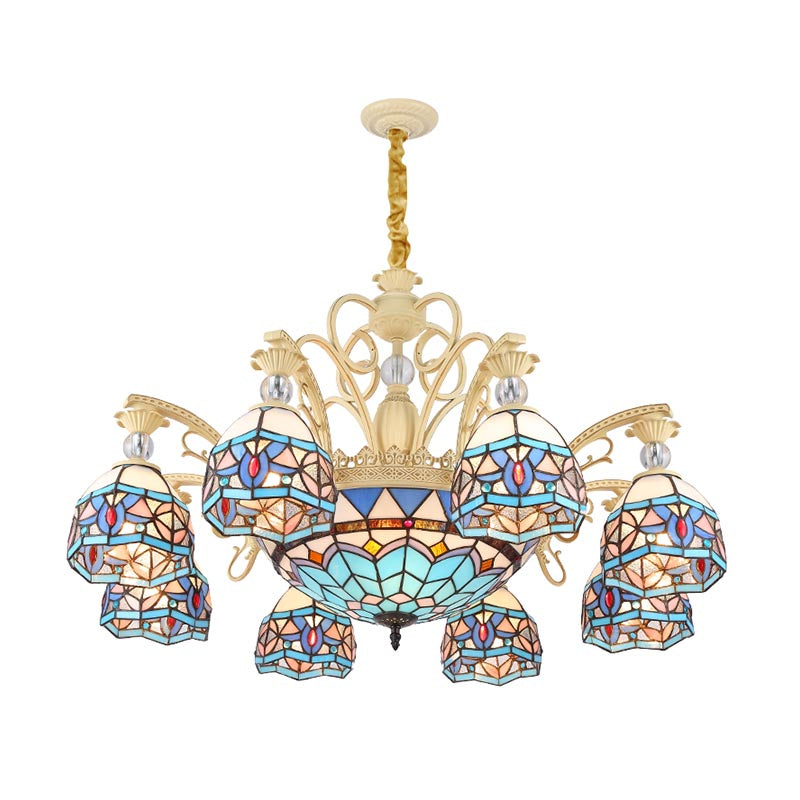 Lustre victorien bleu avec abat-jour en verre taillé - 6/9/11 lumières - Suspension moderne pour salon