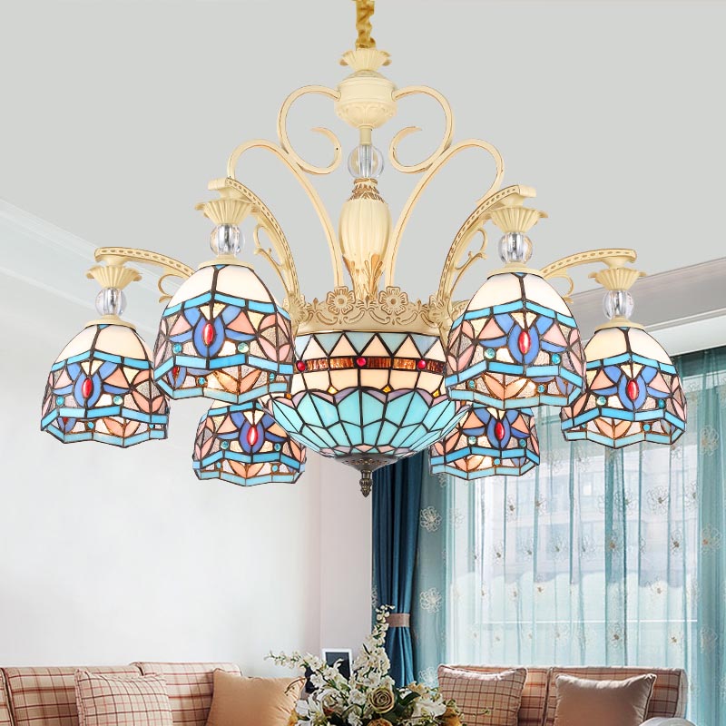 Lustre victorien bleu avec abat-jour en verre taillé - 6/9/11 lumières - Suspension moderne pour salon