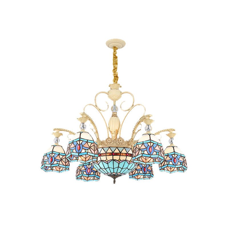 Lustre victorien bleu avec abat-jour en verre taillé - 6/9/11 lumières - Suspension moderne pour salon