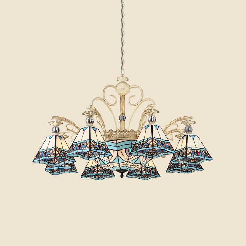 Baroque Stained Glass Pyramid Chandelier with 11 Blue Lights - Elegant Ceiling Suspension Lamp
