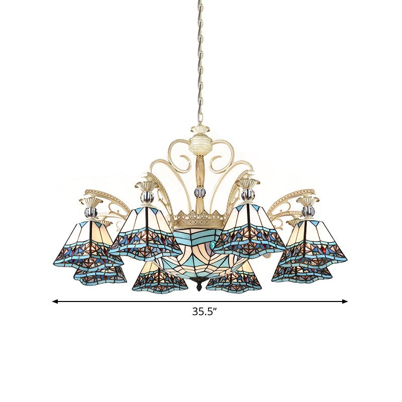 Baroque Stained Glass Pyramid Chandelier with 11 Blue Lights - Elegant Ceiling Suspension Lamp
