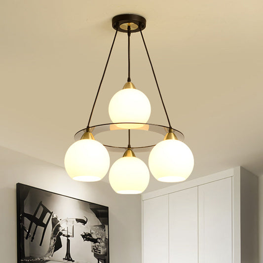 Contemporary 4-Head Black and Gold Chandelier Light with Opal Glass Shade