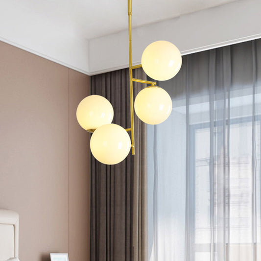 Lustre à suspension boule doré moderniste avec abat-jour en verre laiteux - 4 têtes, plafonnier suspendu