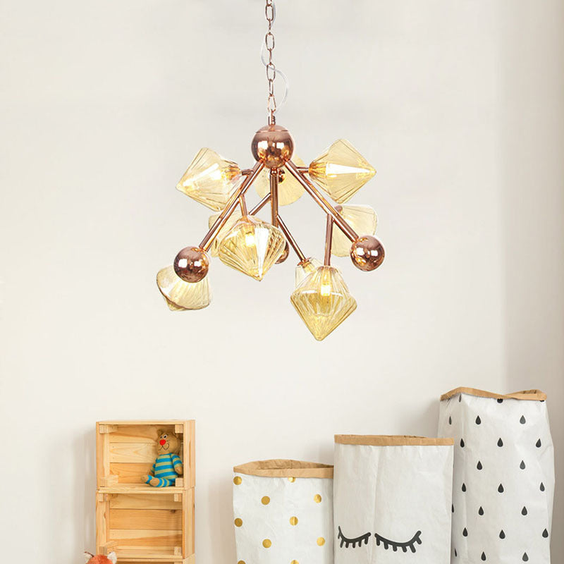 Lustre moderne à 9 têtes - Pendentif diamant en or rose avec abat-jour en verre ambré