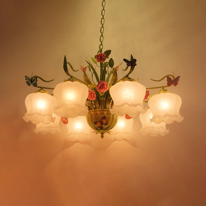 Opal Glass Green Chandelier With 8 Heads | Countryside Flower Pendant Light Fixture For Living Room