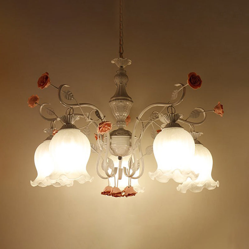 Sandblasted Glass Chandelier - 5 Bulbs Traditional White/Green Floral Design Bedroom Pendant