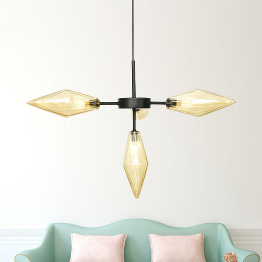 Modern Black Tapered Pendant Chandelier with 4 Heads, Amber Glass, Hanging Ceiling Light