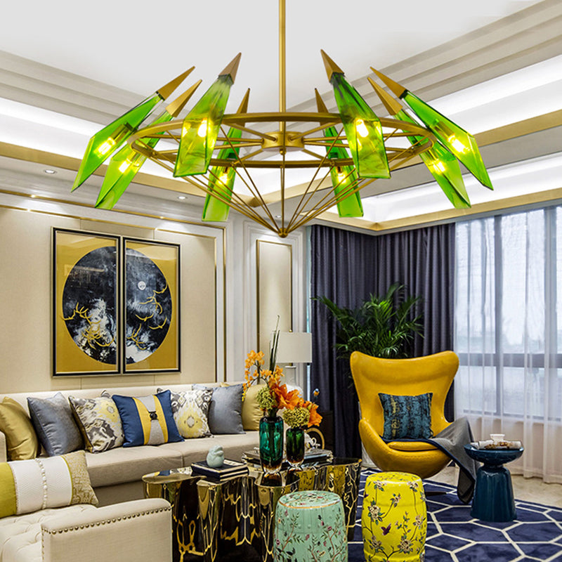 Tapered Pendant Chandelier: Contemporary Cream/Green Glass, 8 Heads, Living Room Hanging Light Kit