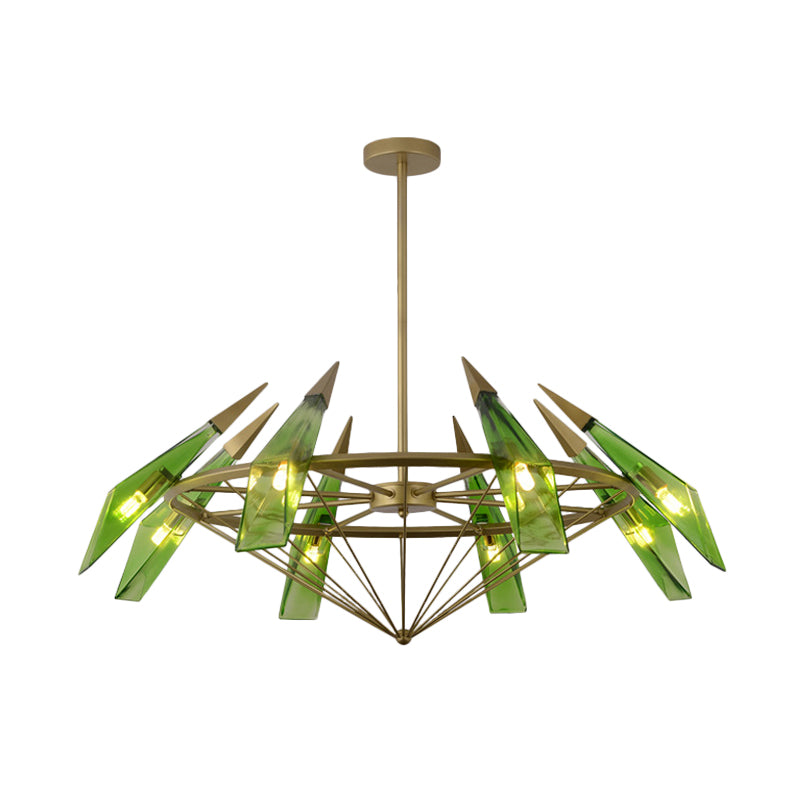 Tapered Pendant Chandelier: Contemporary Cream/Green Glass, 8 Heads, Living Room Hanging Light Kit