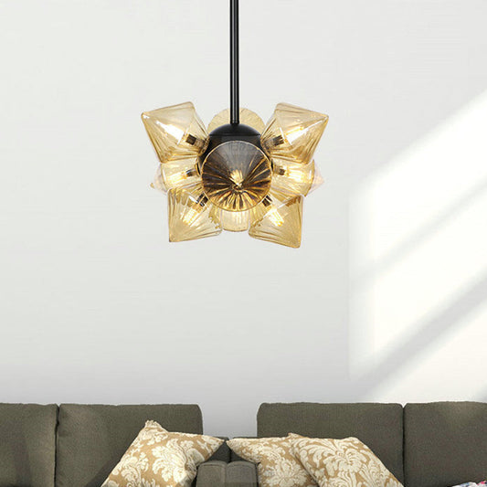 Lustre contemporain en verre ambré avec diamants : suspension élégante avec 9/12 ampoules pour le salon