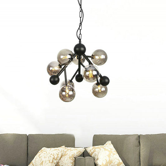 Lustre sphérique élégant : verre gris fumé moderniste, 9 têtes, luminaire de chambre à coucher