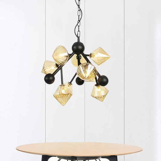Lustre moderne en forme de pyramide en verre ambré - Suspension à 9 têtes pour plafond de salle à manger