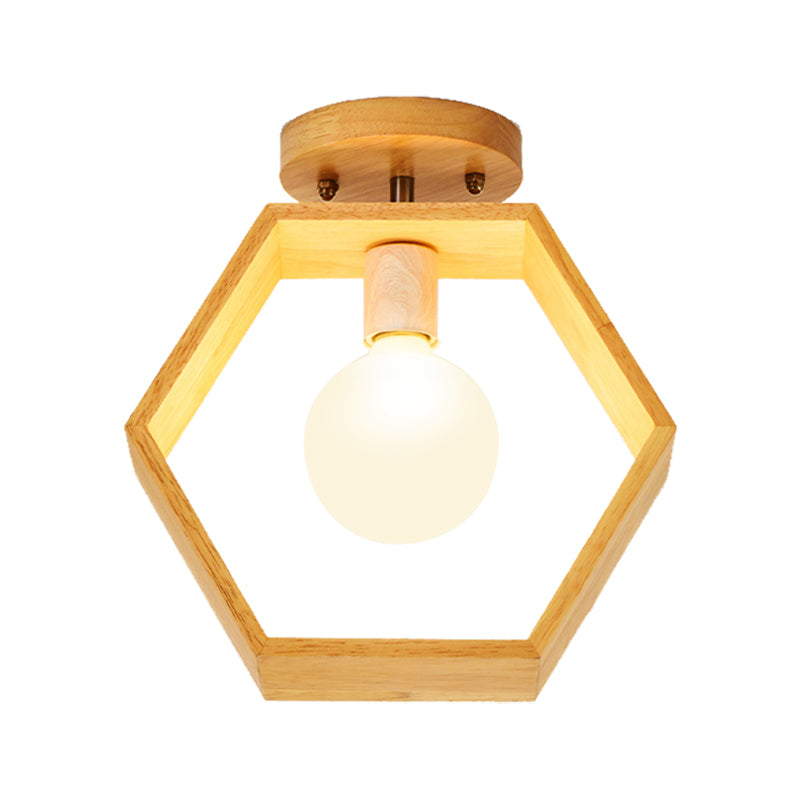 Modern Wood Semi Flush Mount Light - Triangle/Square/Pentagon Shape with White Glass - 1 Head Ceiling Fixture