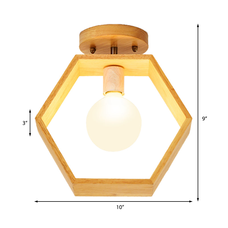 Modern Wood Semi Flush Mount Light - Triangle/Square/Pentagon Shape with White Glass - 1 Head Ceiling Fixture