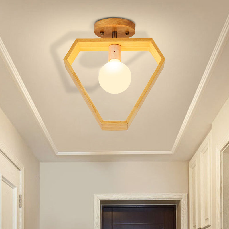Modern Wood Semi Flush Mount Light - Triangle/Square/Pentagon Shape with White Glass - 1 Head Ceiling Fixture
