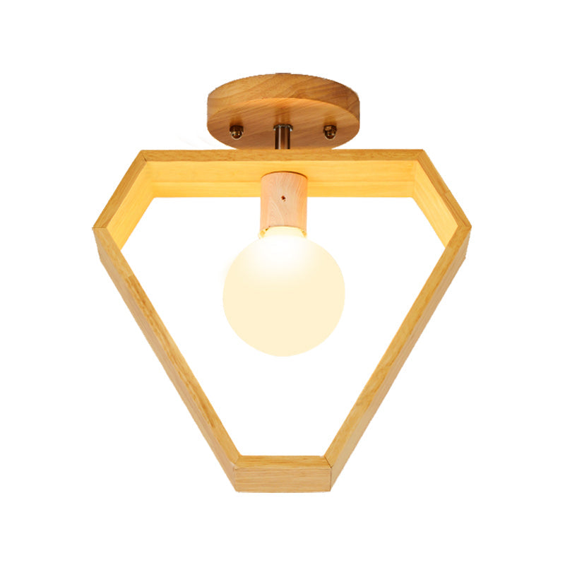 Modern Wood Semi Flush Mount Light - Triangle/Square/Pentagon Shape with White Glass - 1 Head Ceiling Fixture