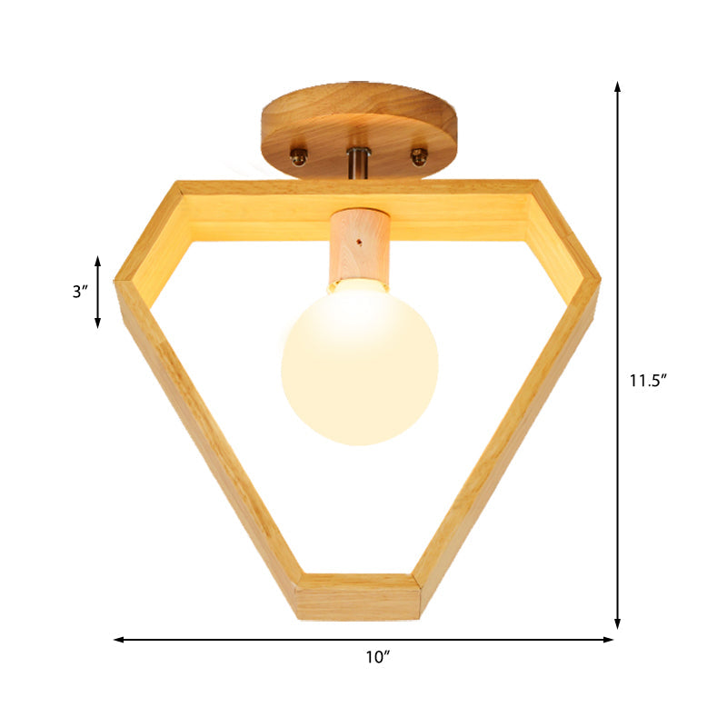 Modern Wood Semi Flush Mount Light - Triangle/Square/Pentagon Shape with White Glass - 1 Head Ceiling Fixture