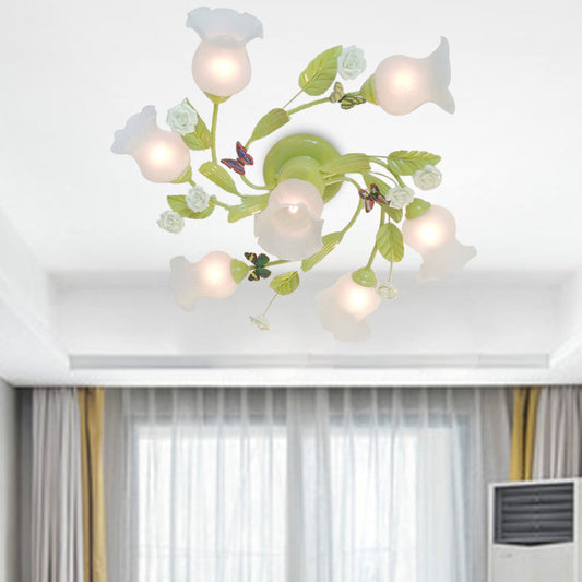 Semi Flush Mount Floral Chandelier for Bedroom - Green 7 Lights, Pastoral Design with Frosted Glass Ceiling Fixture