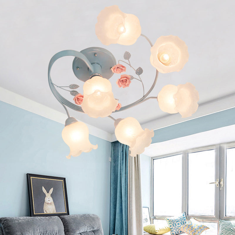Plafonnier en spirale en verre ivoire, 6 têtes, luminaire semi-encastré en bleu/rose pour salon