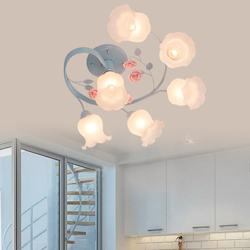 Plafonnier en spirale en verre ivoire, 6 têtes, luminaire semi-encastré en bleu/rose pour salon