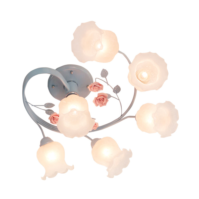 Plafonnier en spirale en verre ivoire, 6 têtes, luminaire semi-encastré en bleu/rose pour salon