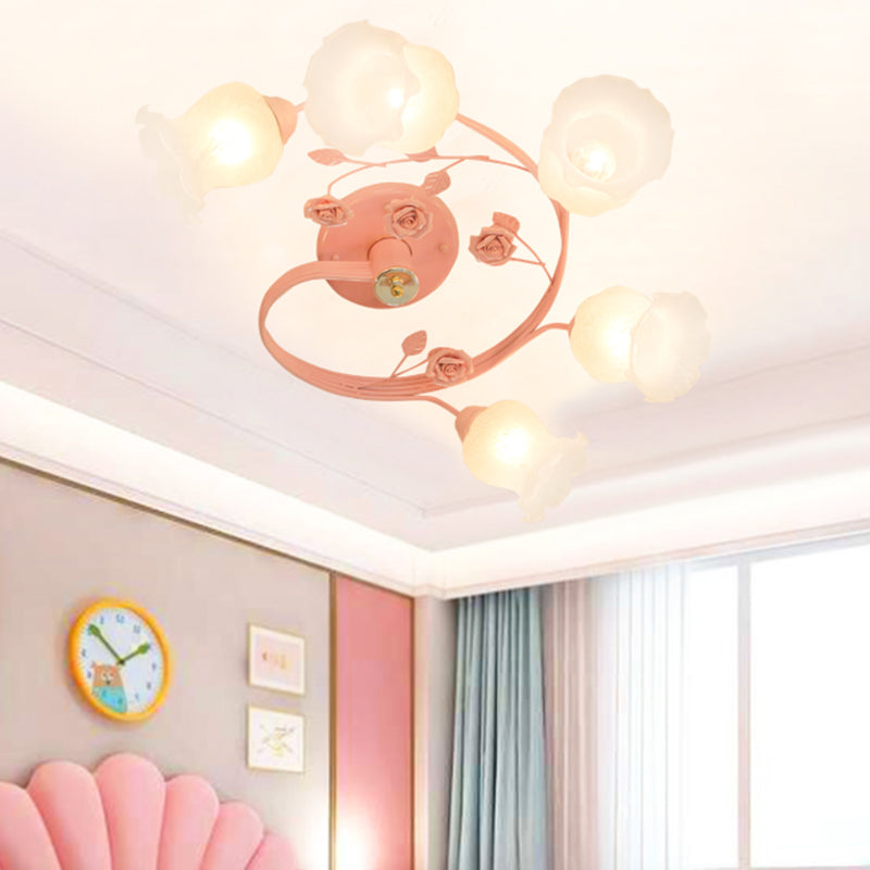 Plafonnier en spirale en verre ivoire, 6 têtes, luminaire semi-encastré en bleu/rose pour salon