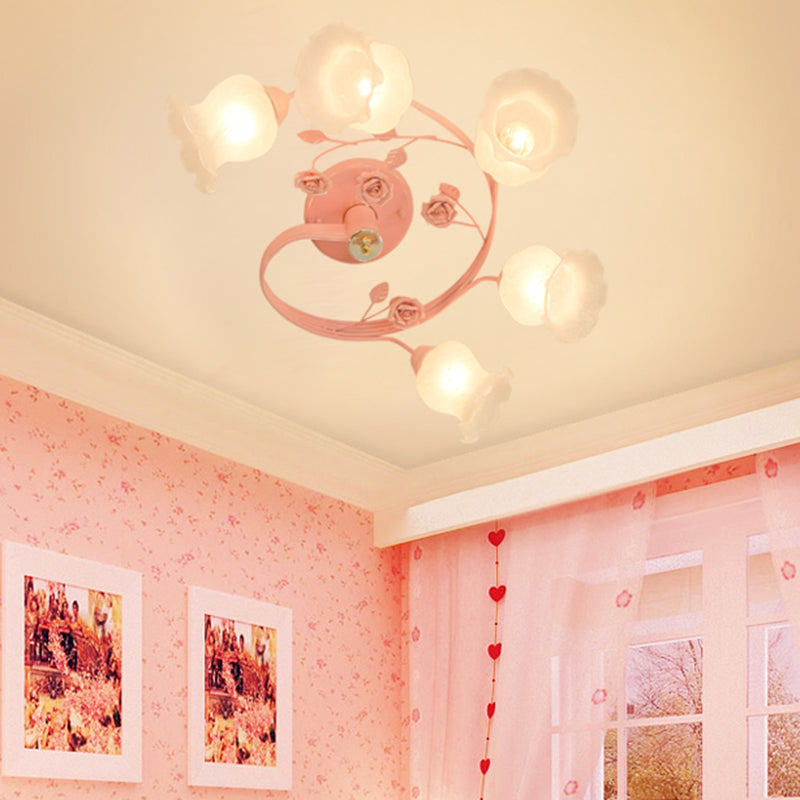 Plafonnier en spirale en verre ivoire, 6 têtes, luminaire semi-encastré en bleu/rose pour salon