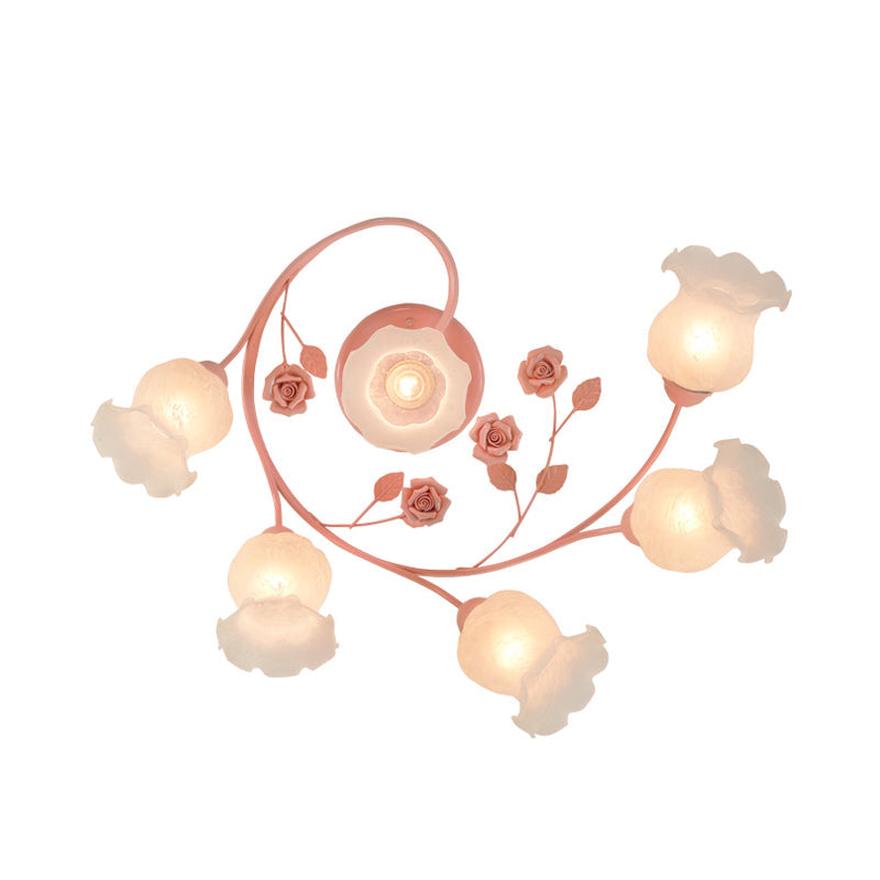 Plafonnier en spirale en verre ivoire, 6 têtes, luminaire semi-encastré en bleu/rose pour salon